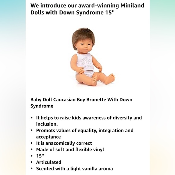 Miniland Doll 15'' Caucasian Boy with Down Syndrome - Anatomically Correct - Picture 5 of 6